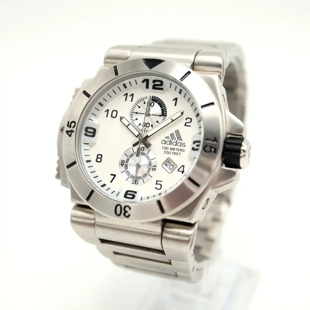 Adidas Chunky Y2K Stainless Steel Chronograph 48mm Watch Left Buttons Silver
